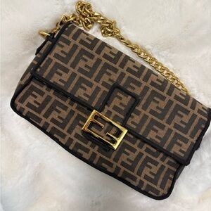 Brown and Black Canvas Shoulder Bag with Gold Hardware